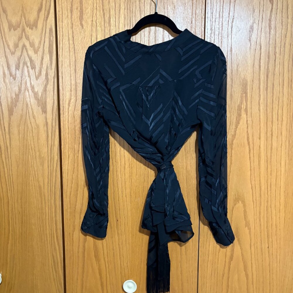 WHBM silk blend fringe tie belt whimsigoth 90s inspired long sleeve blouse - Picture 3 of 6